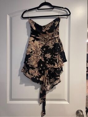Floral Strapless Black and Beige Tiered Summer romper